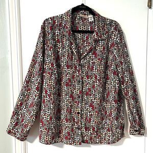 Alfred Dunner 16W black red beige pattern button front blouse long sleeve